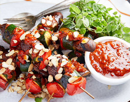 Vegetable Skewers with Sun Dried Tomato Harissa