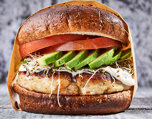 Turkey-Bacon Burger with Avocado and Sprouts